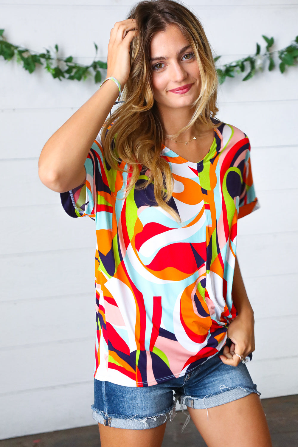 Orange Geometric V Neck Drop Shoulder Top