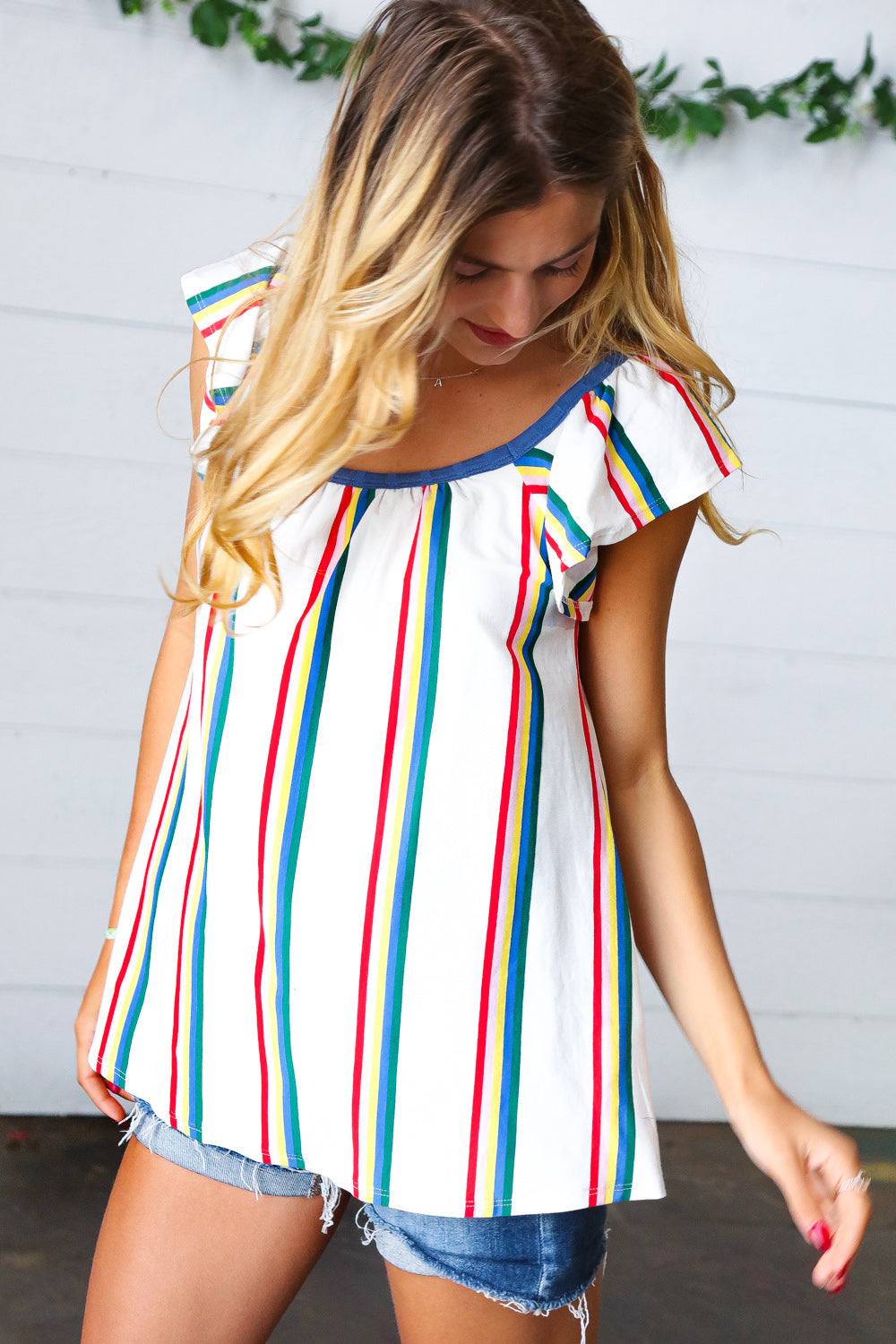 Multicolor Striped Raglan Flutter Sleeve Top