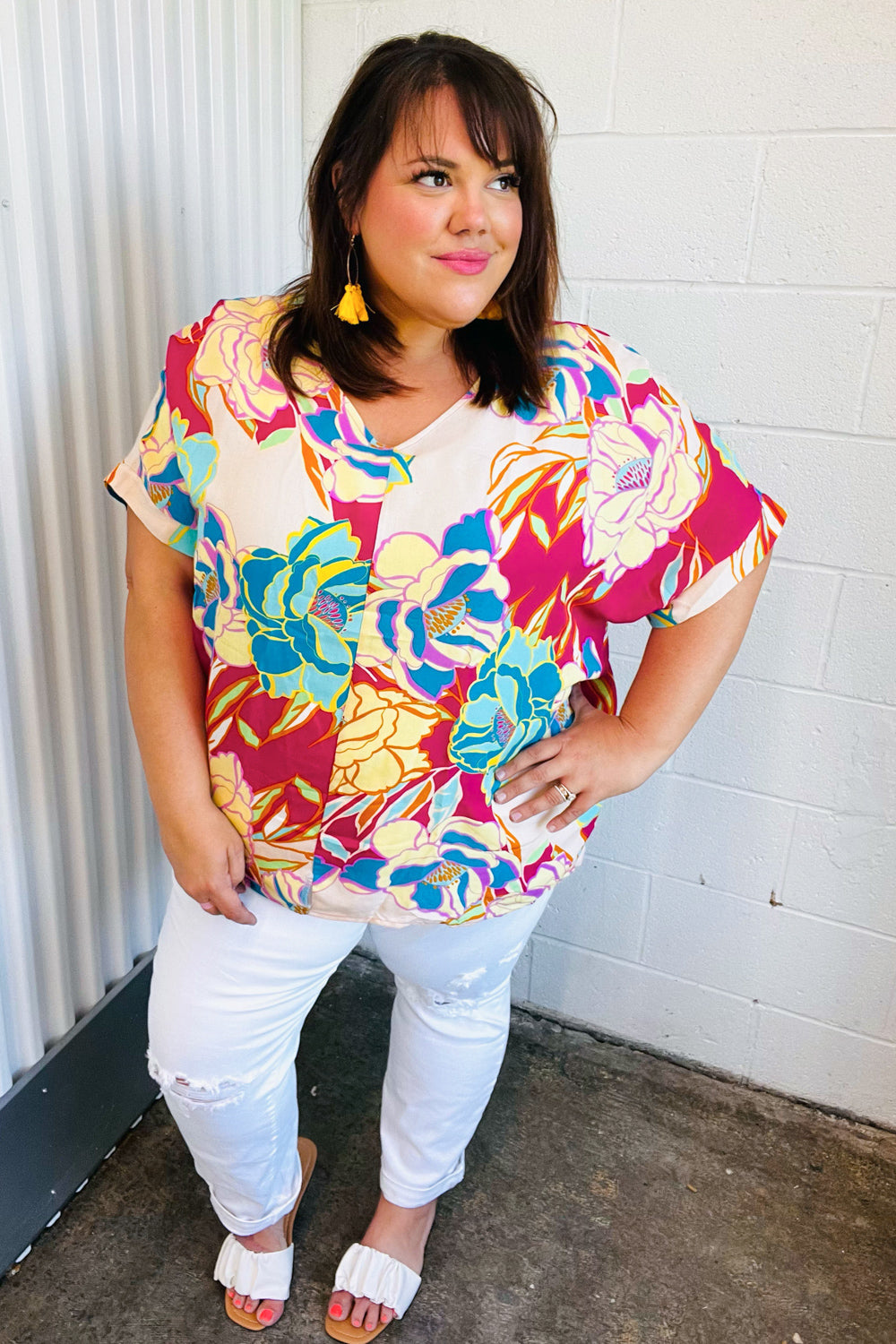 Fuchsia Floral Print Woven V Neck Top