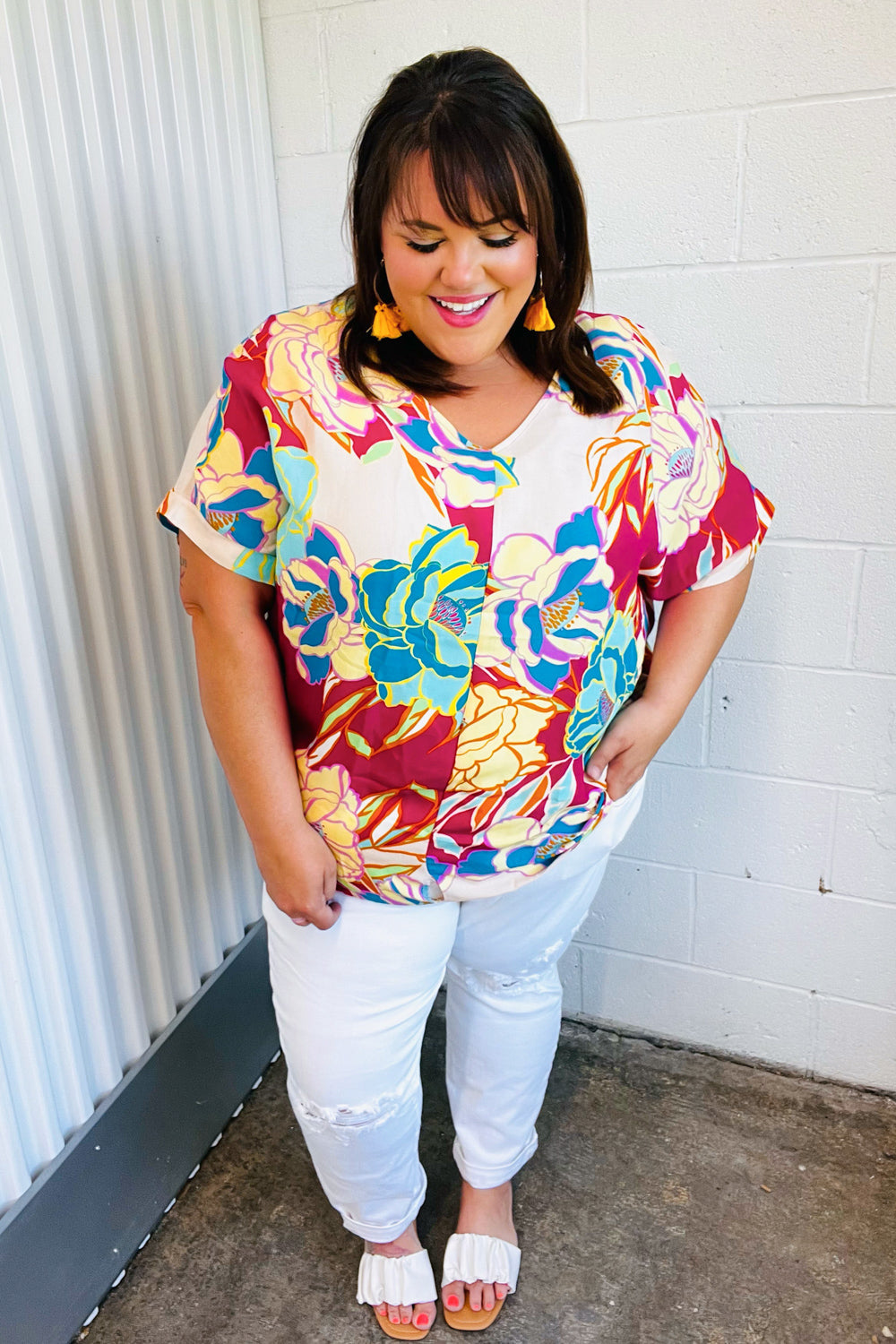 Fuchsia Floral Print Woven V Neck Top