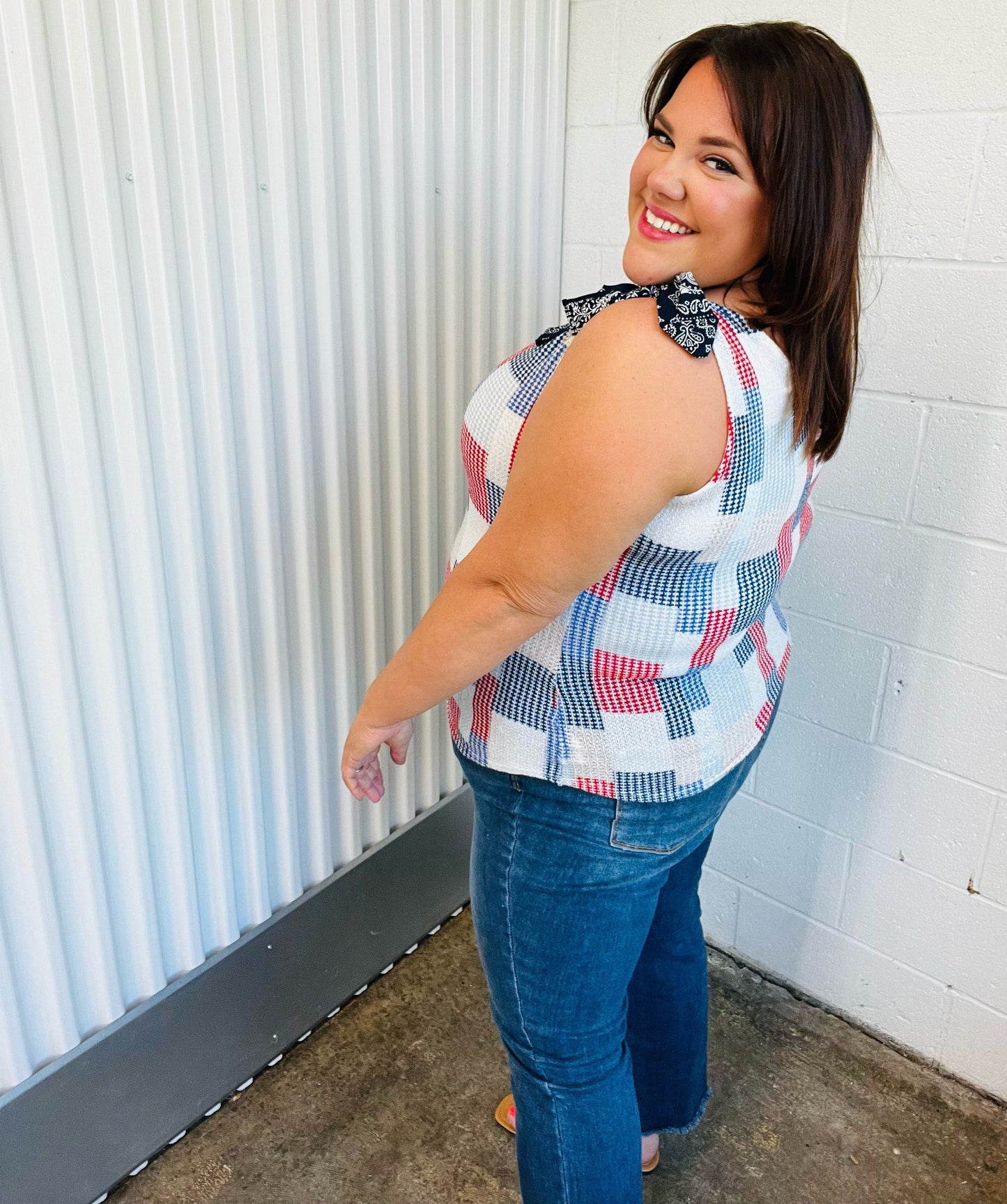 Red White & Blue Patchwork Bow Tie Shoulder Top