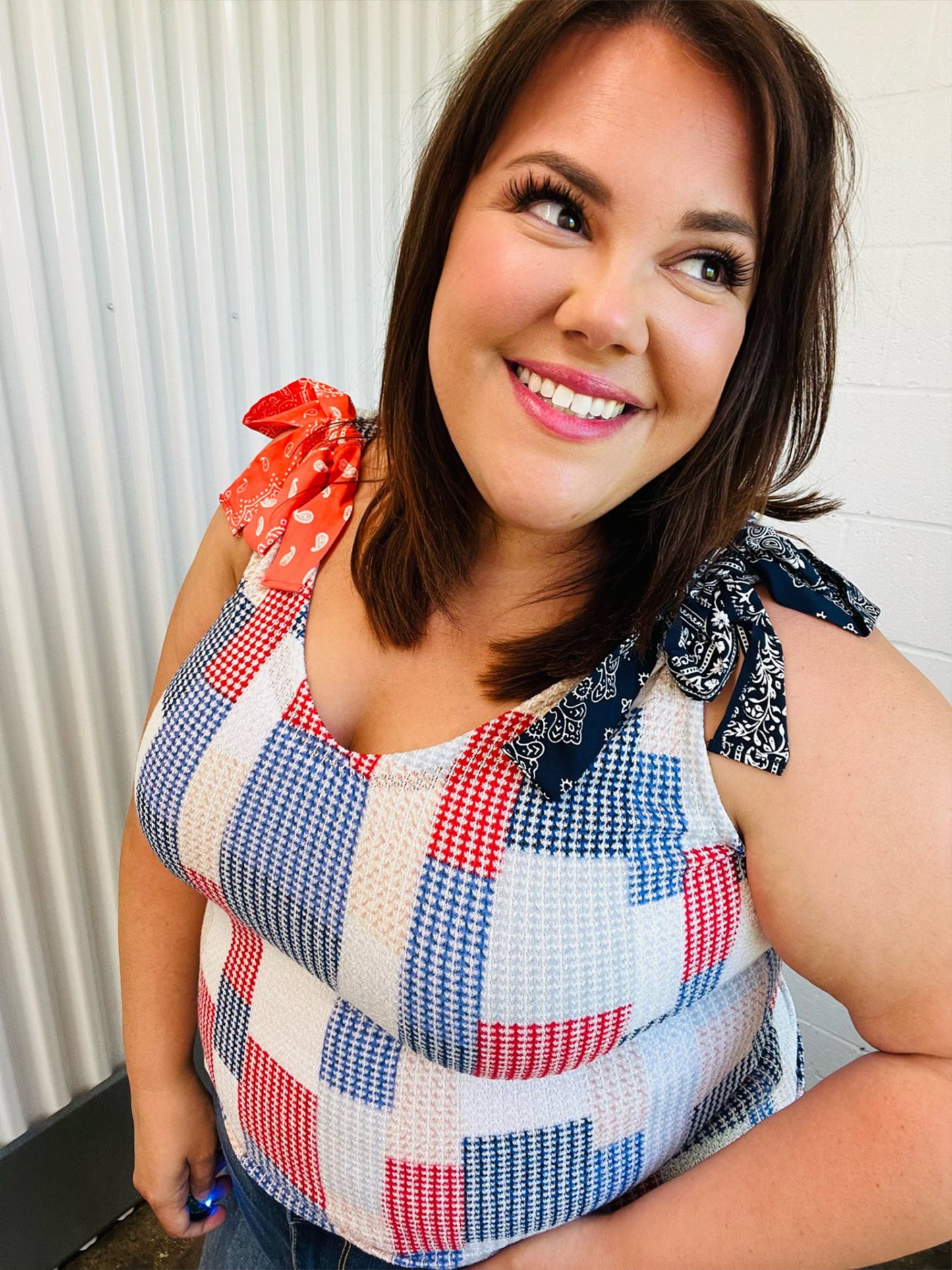 Red White & Blue Patchwork Bow Tie Shoulder Top