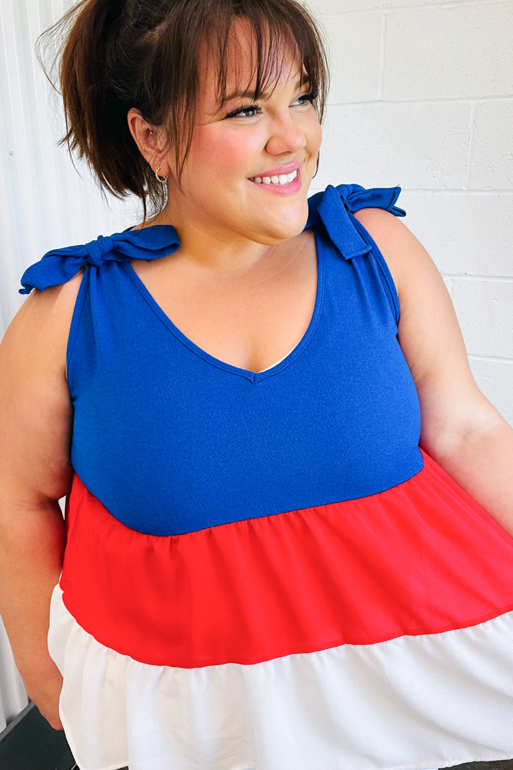 Patriotic Tiered Shoulder Tie Bow Crepe Top