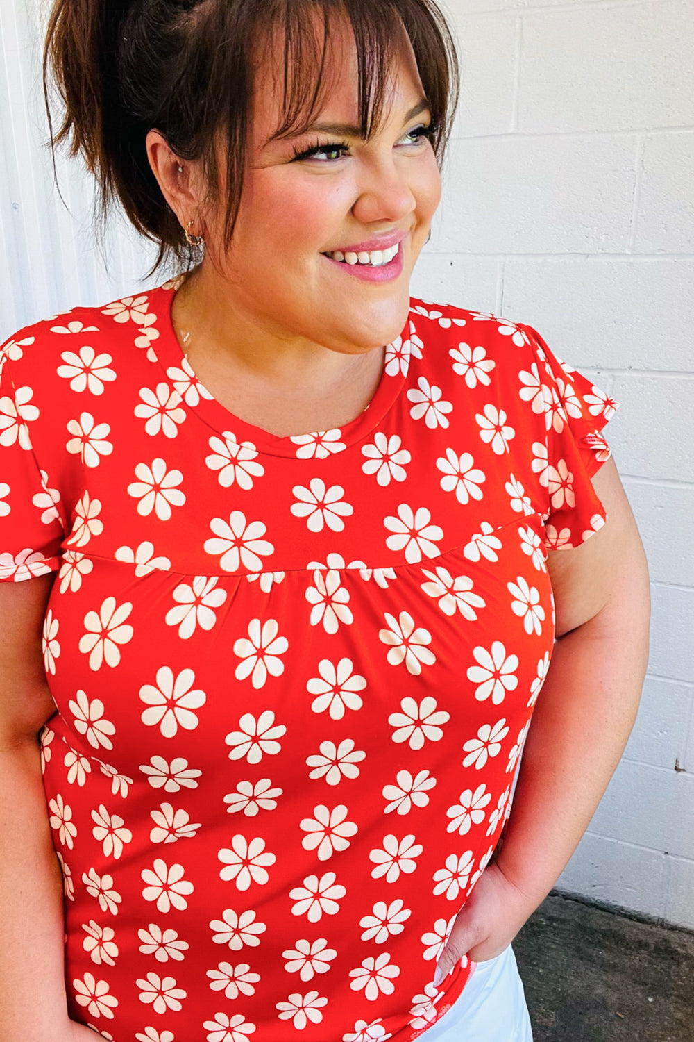 Red Floral Print Ruffle Short Sleeve Yoke Top