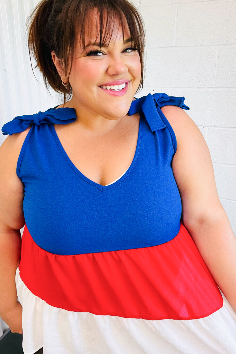 Patriotic Tiered Shoulder Tie Bow Crepe Top