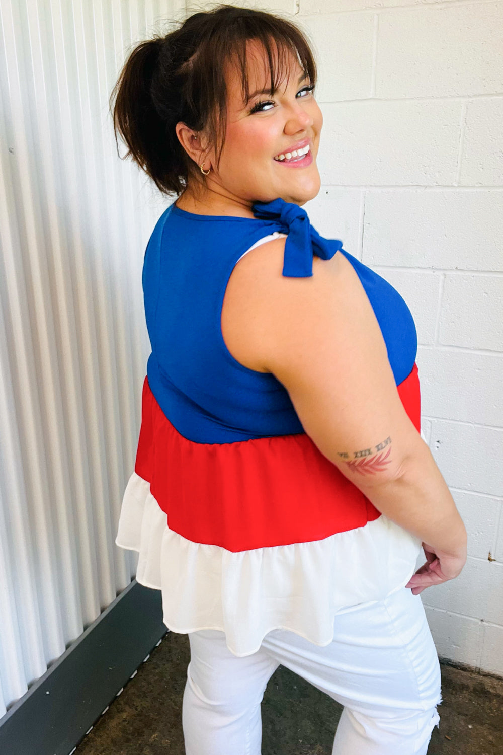 Patriotic Tiered Shoulder Tie Bow Crepe Top