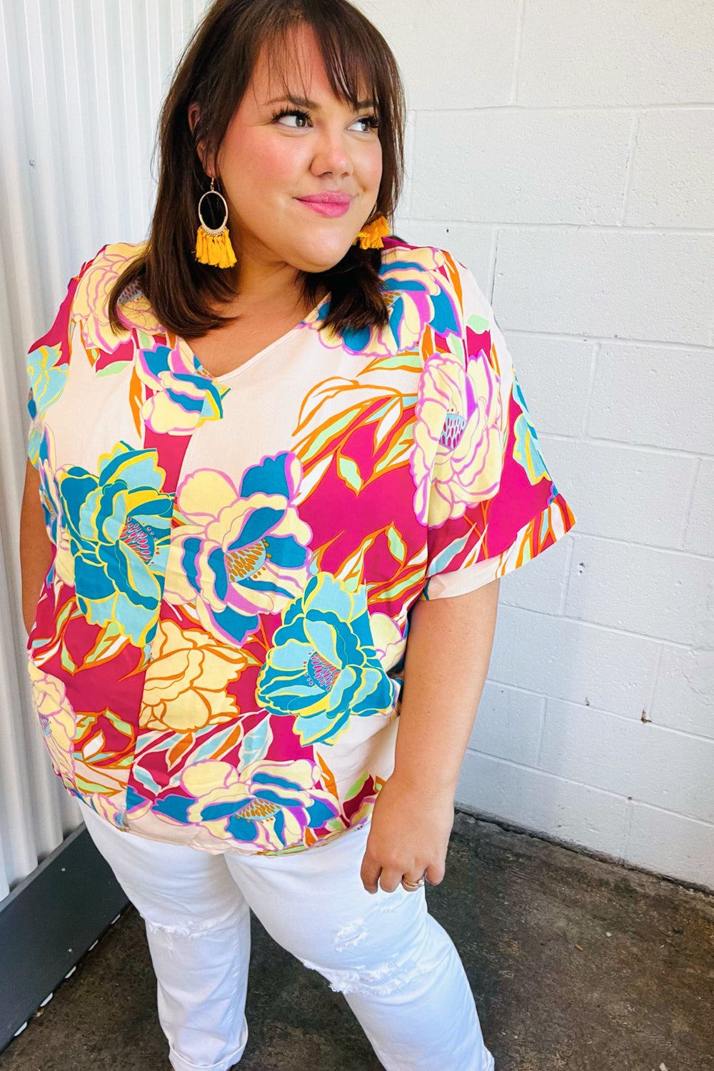 Fuchsia Floral Print Woven V Neck Top