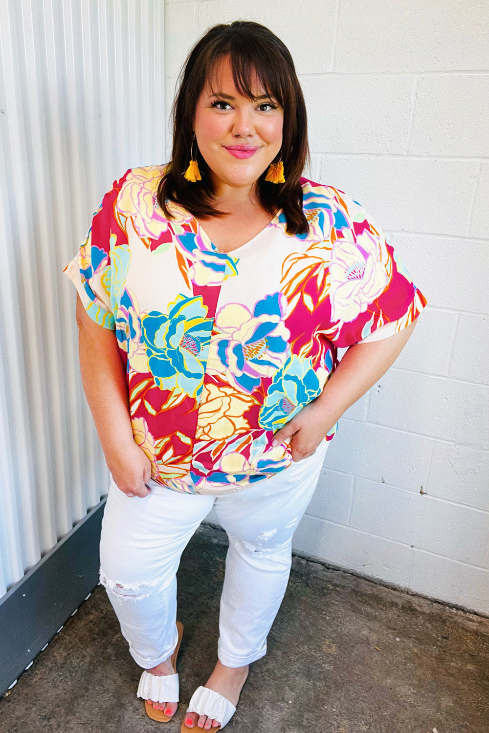 Fuchsia Floral Print Woven V Neck Top