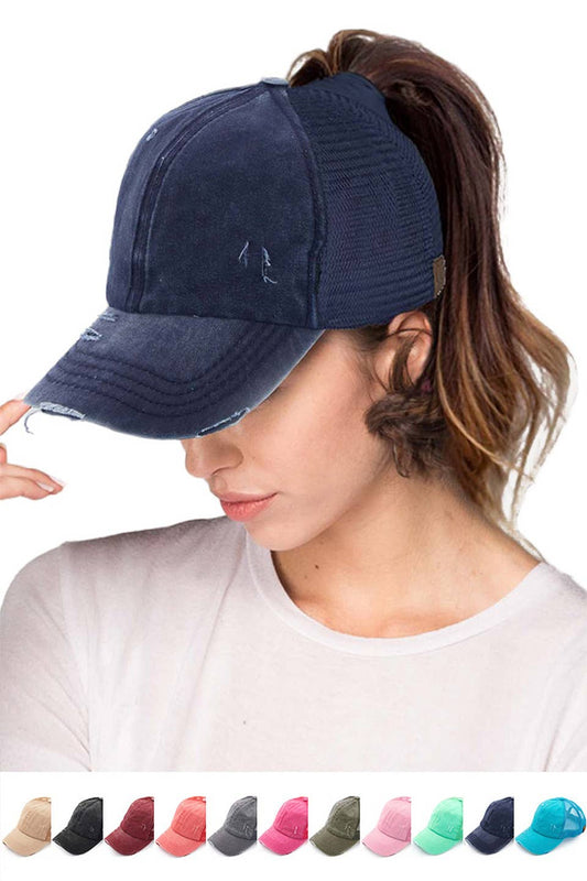 CC Distressed Ponytail Messy Bun Cap