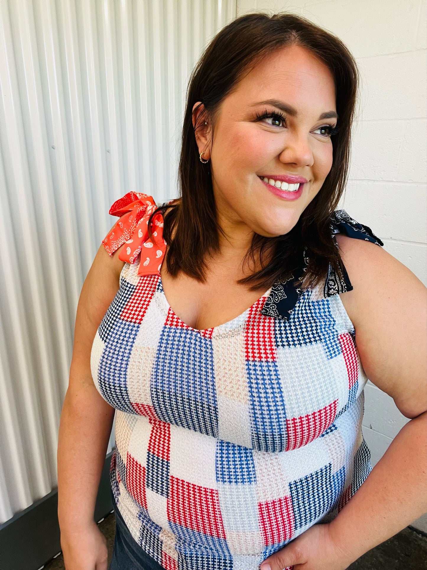 Red White & Blue Patchwork Bow Tie Shoulder Top