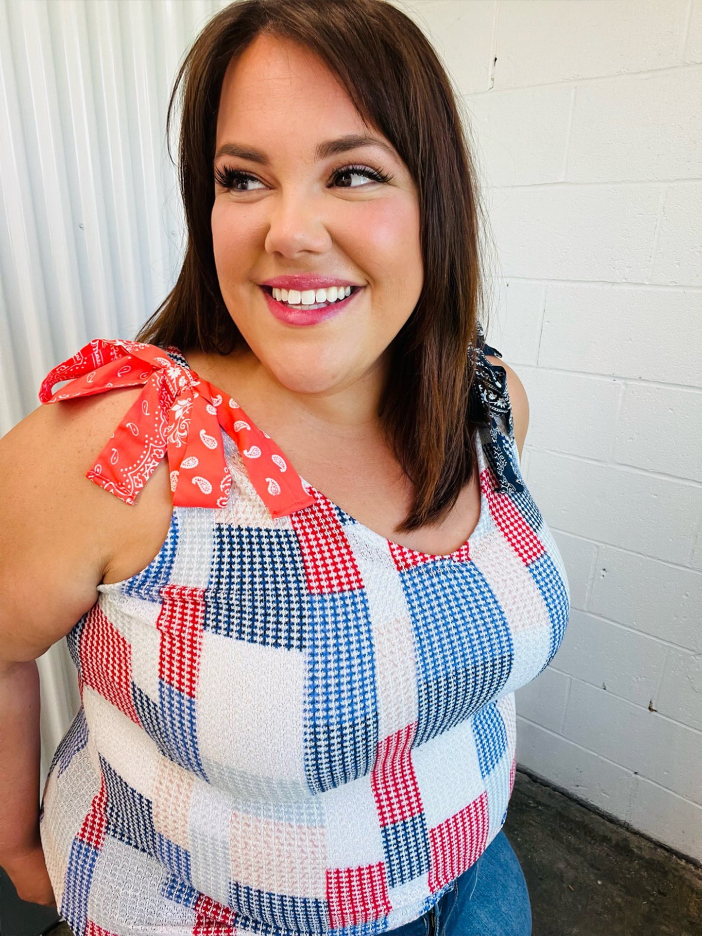 Red White & Blue Patchwork Bow Tie Shoulder Top