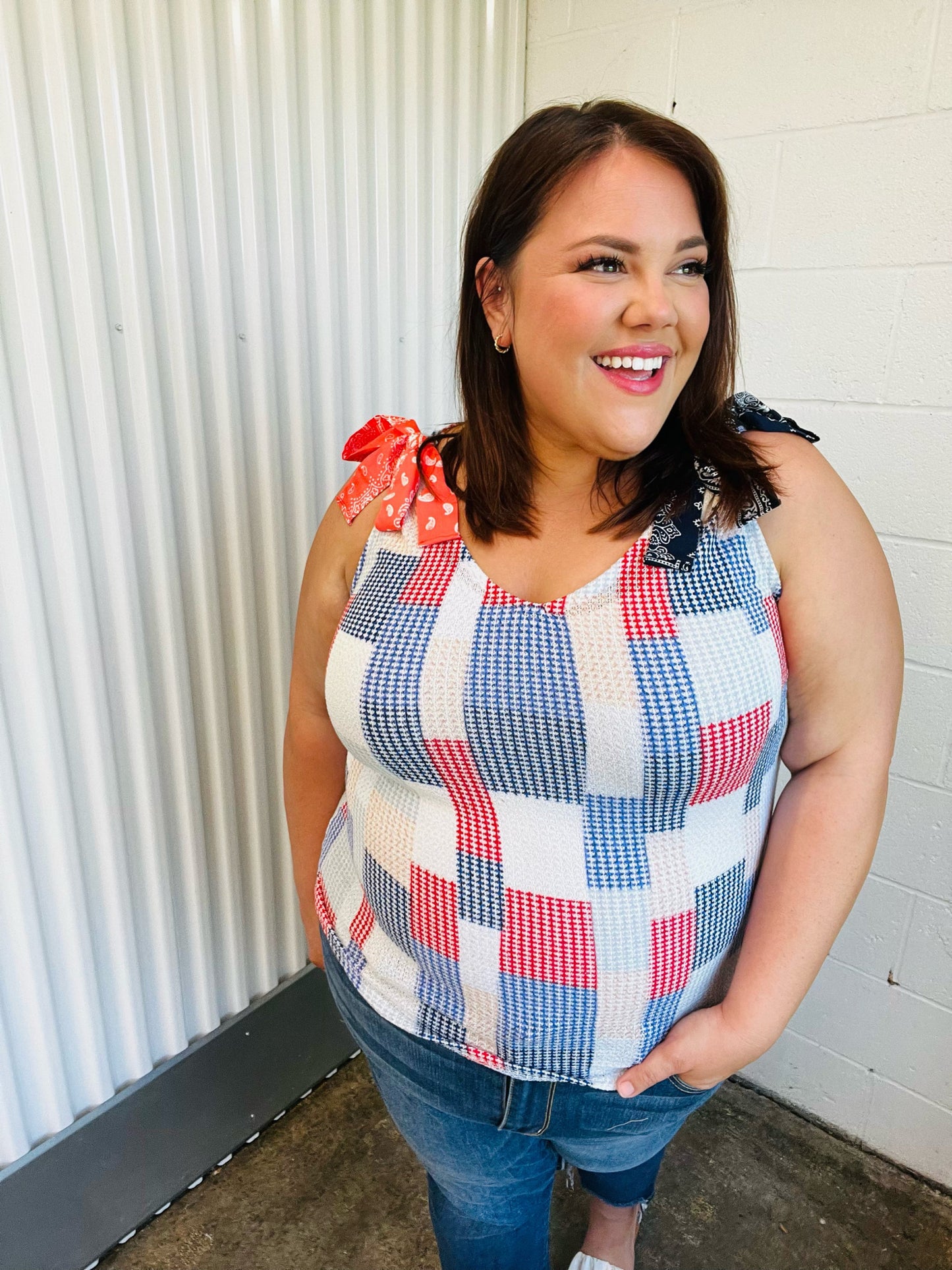 Red White & Blue Patchwork Bow Tie Shoulder Top
