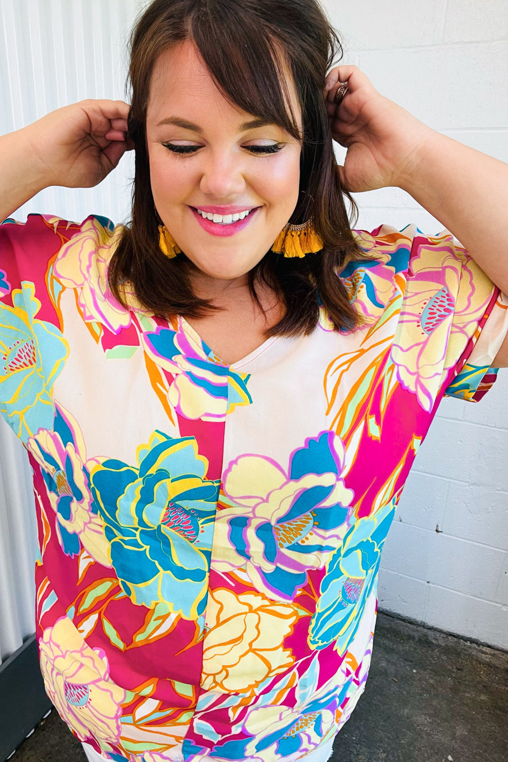 Fuchsia Floral Print Woven V Neck Top