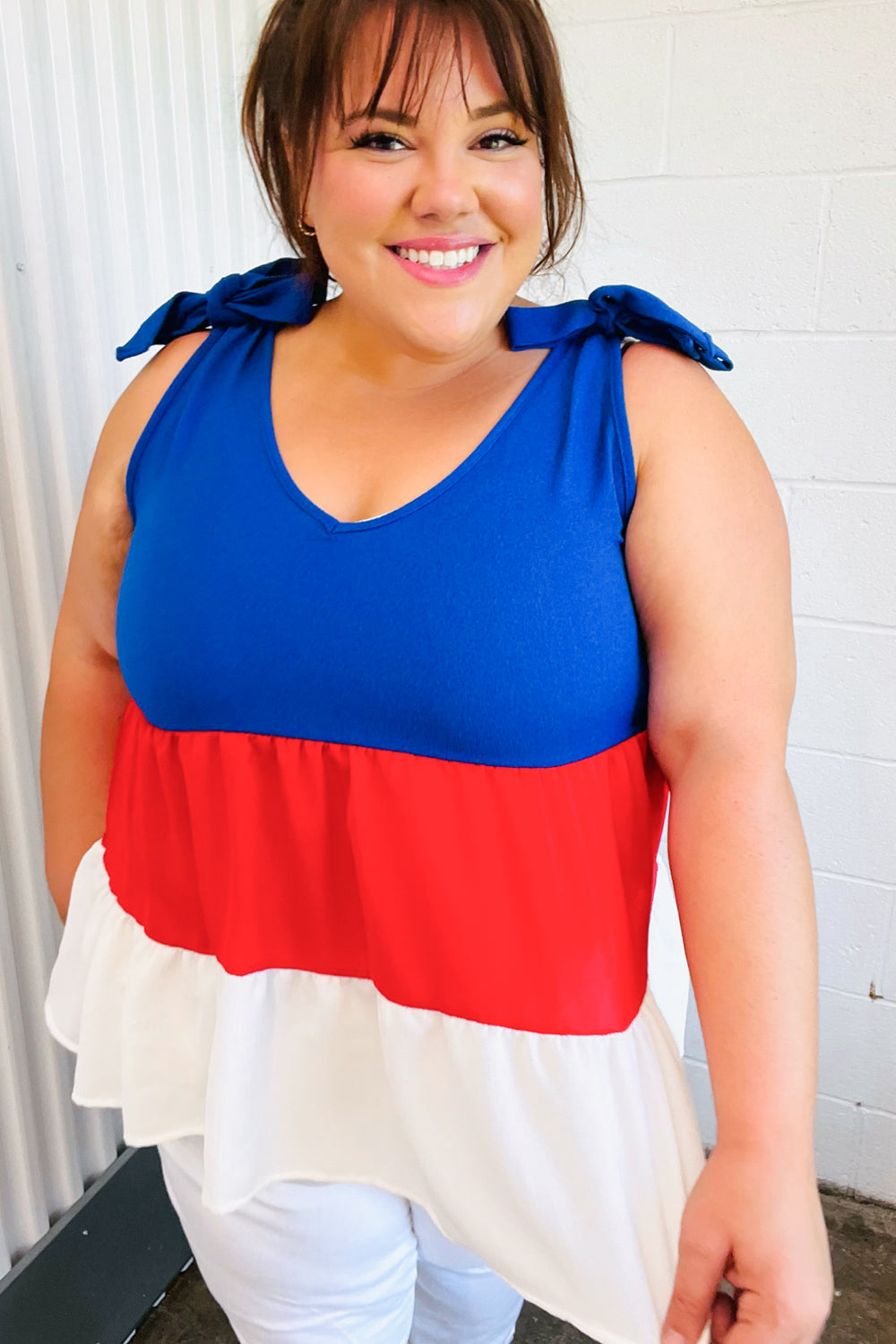 Patriotic Tiered Shoulder Tie Bow Crepe Top