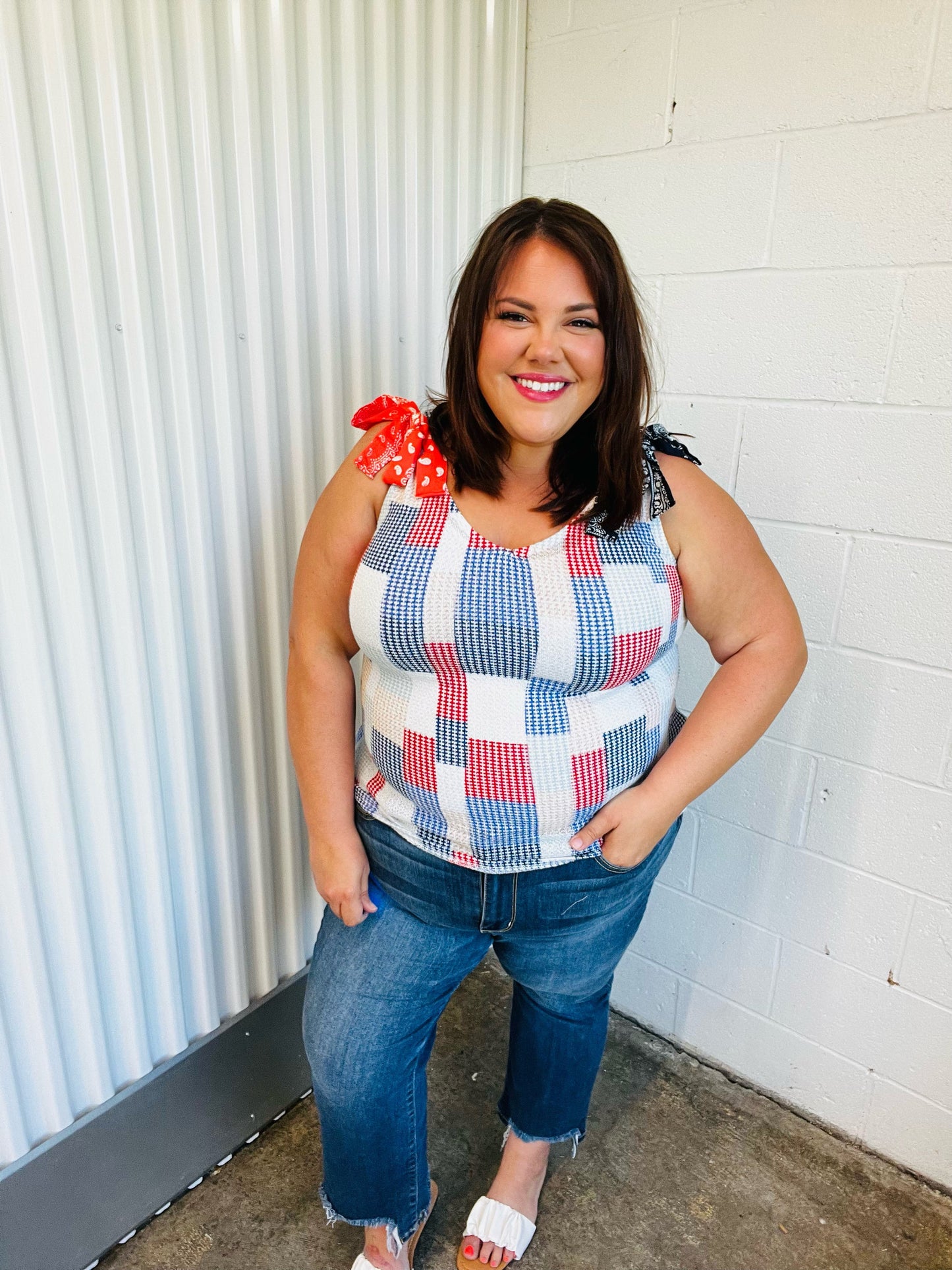 Red White & Blue Patchwork Bow Tie Shoulder Top