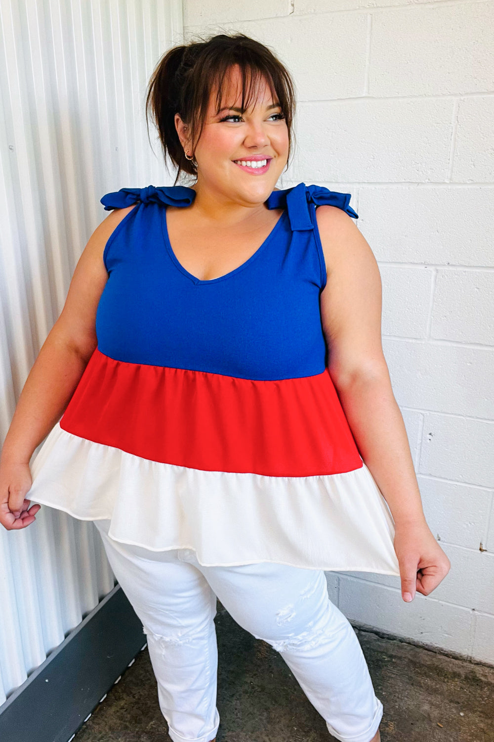 Patriotic Tiered Shoulder Tie Bow Crepe Top