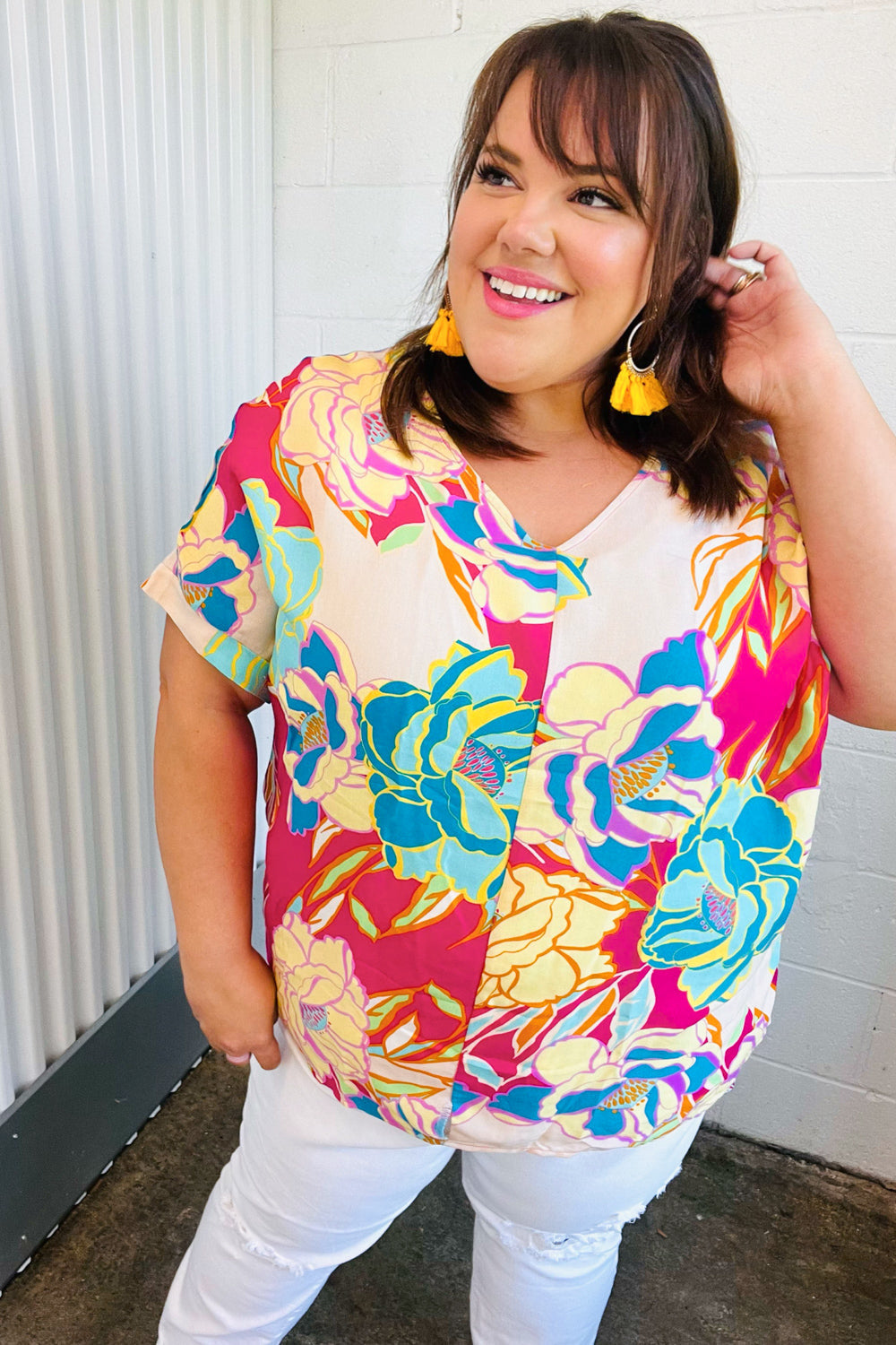 Fuchsia Floral Print Woven V Neck Top