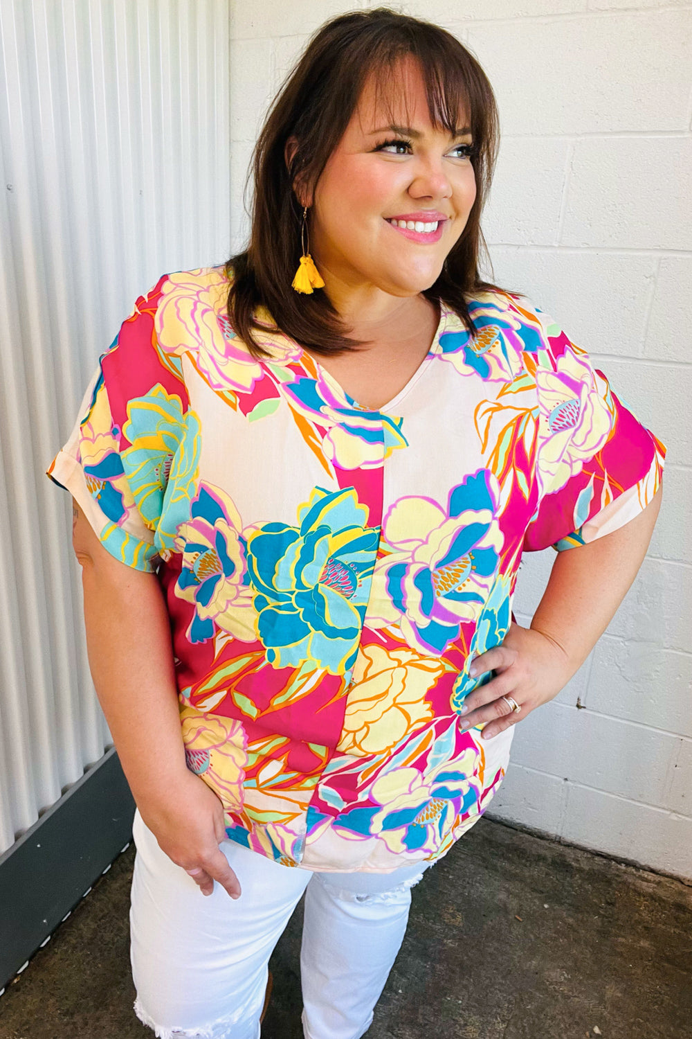 Fuchsia Floral Print Woven V Neck Top