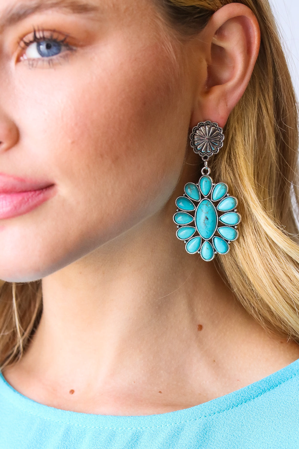 Vintage Style Turquoise Stone Floral Drop Earrings