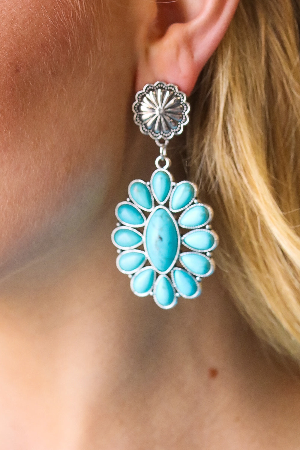 Vintage Style Turquoise Stone Floral Drop Earrings