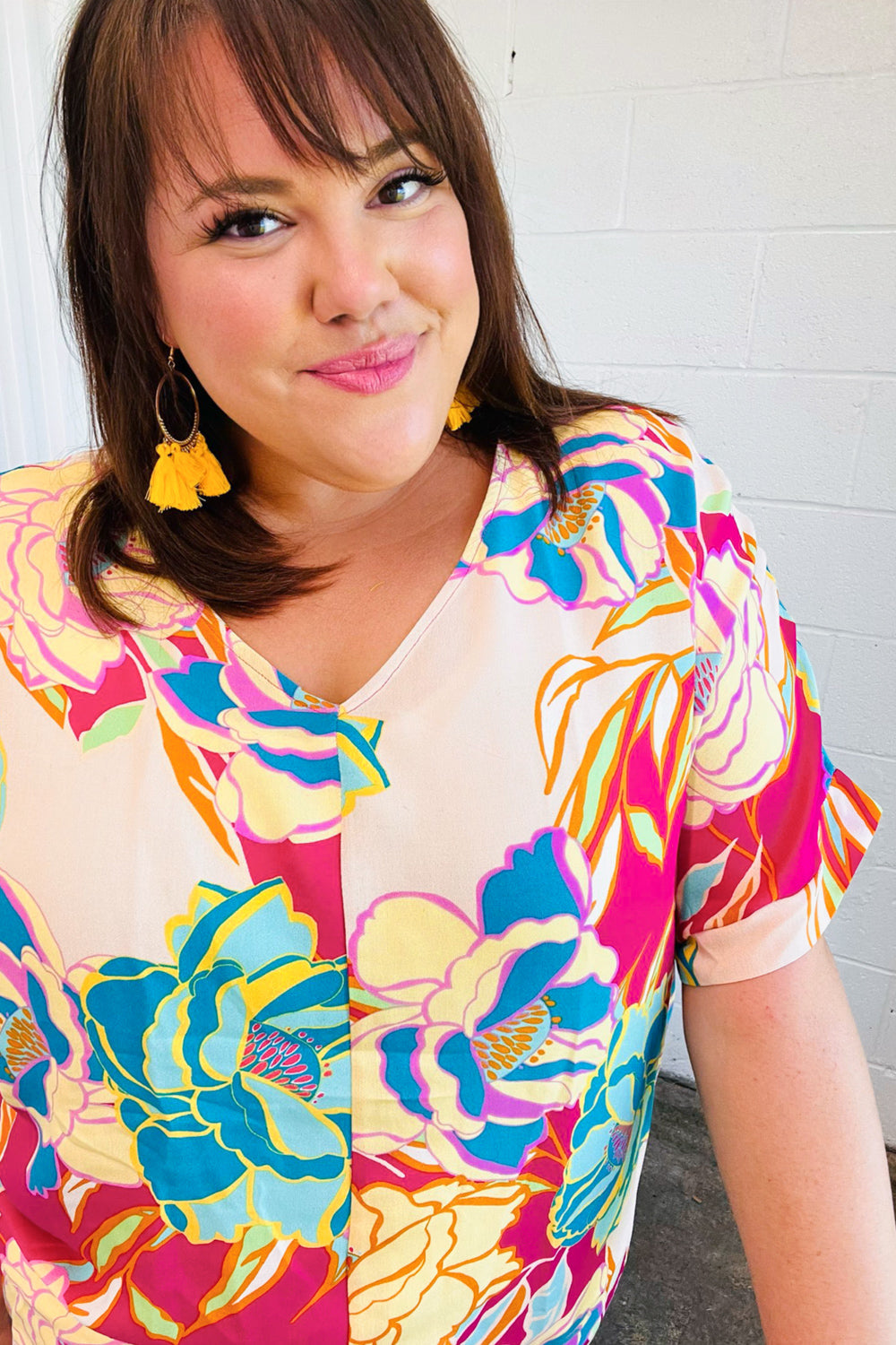 Fuchsia Floral Print Woven V Neck Top