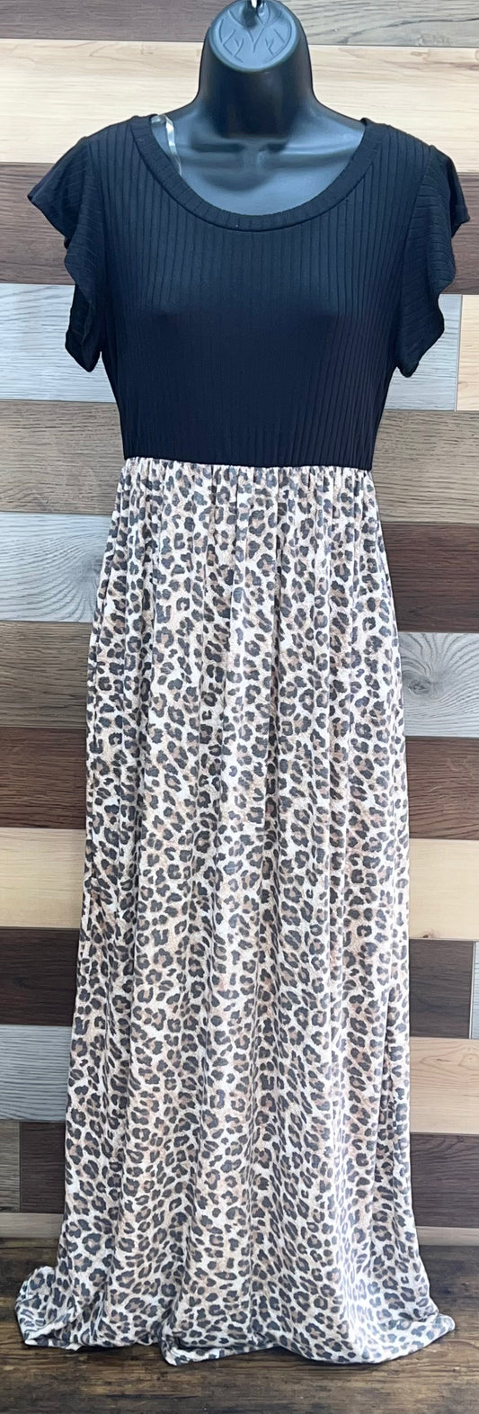 Black & Leopard Print Long Dress with Pockets