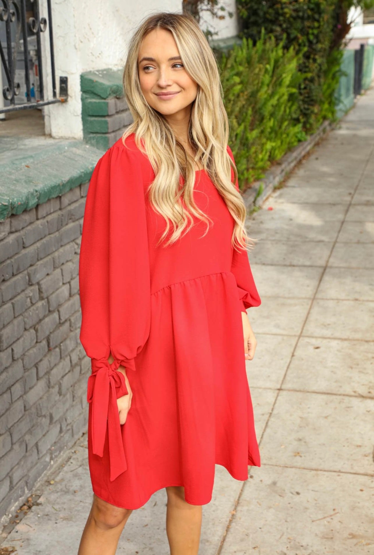 Tie Detail Babydoll Flare Midi Woven Pocketed Dress