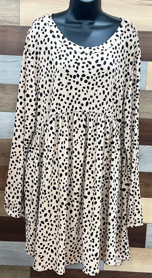 Taupe Spotted Leopard Babydoll Long Sleeve Swing Dress