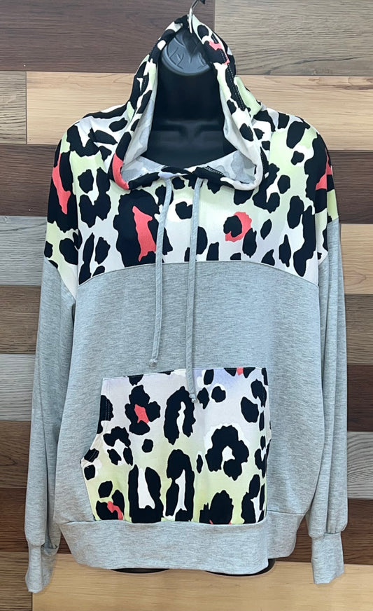 HEATHER GREY NEON ANIMAL PRINT HOODIE