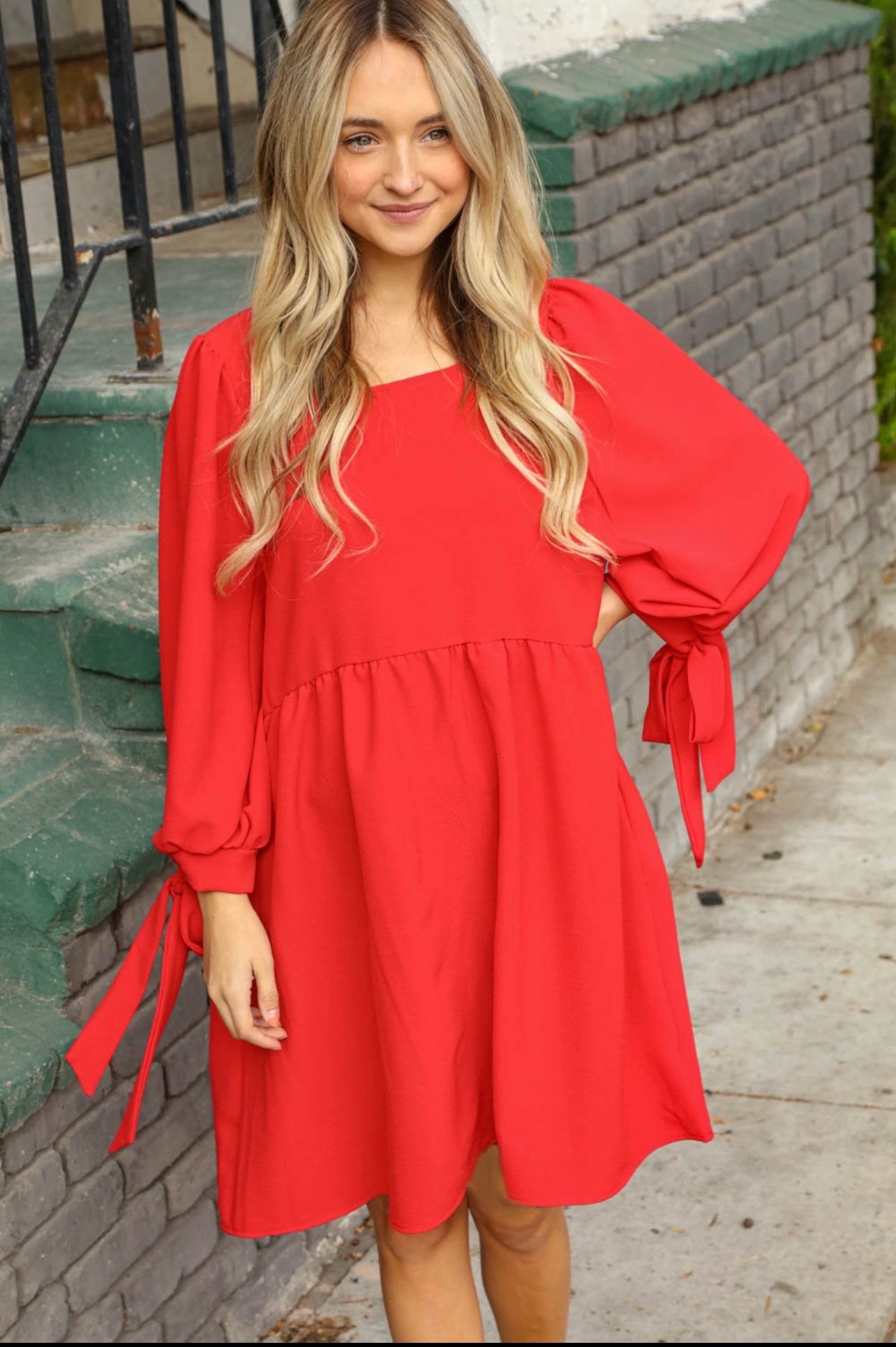 Tie Detail Babydoll Flare Midi Woven Pocketed Dress