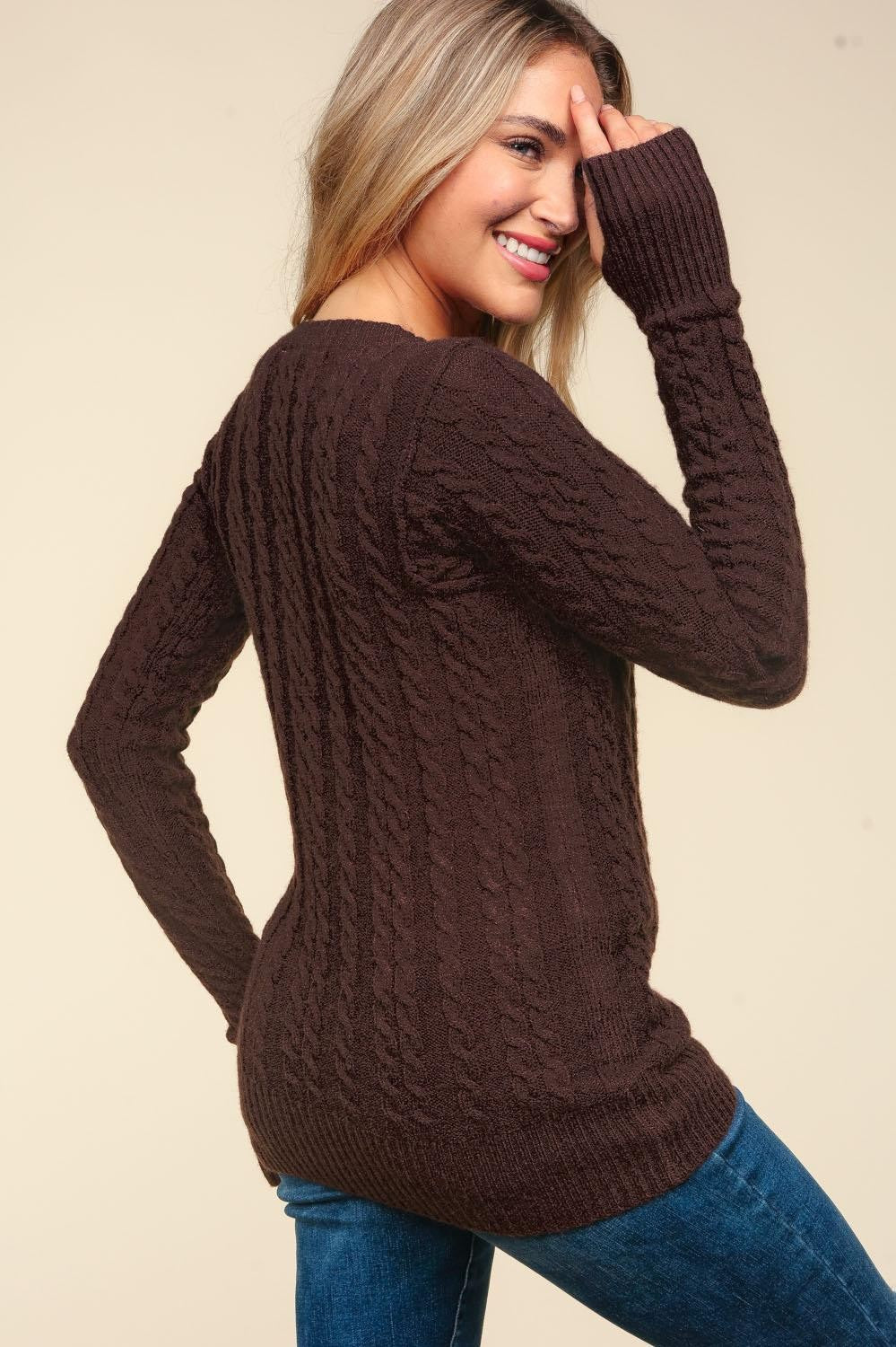 Brunette Cable Knit Sweater with Thumbholes!