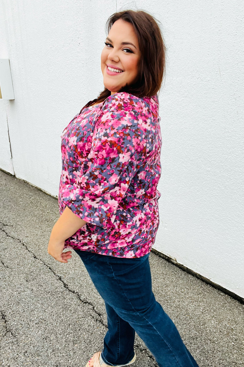 Purple Floral Print V Neck Woven Top