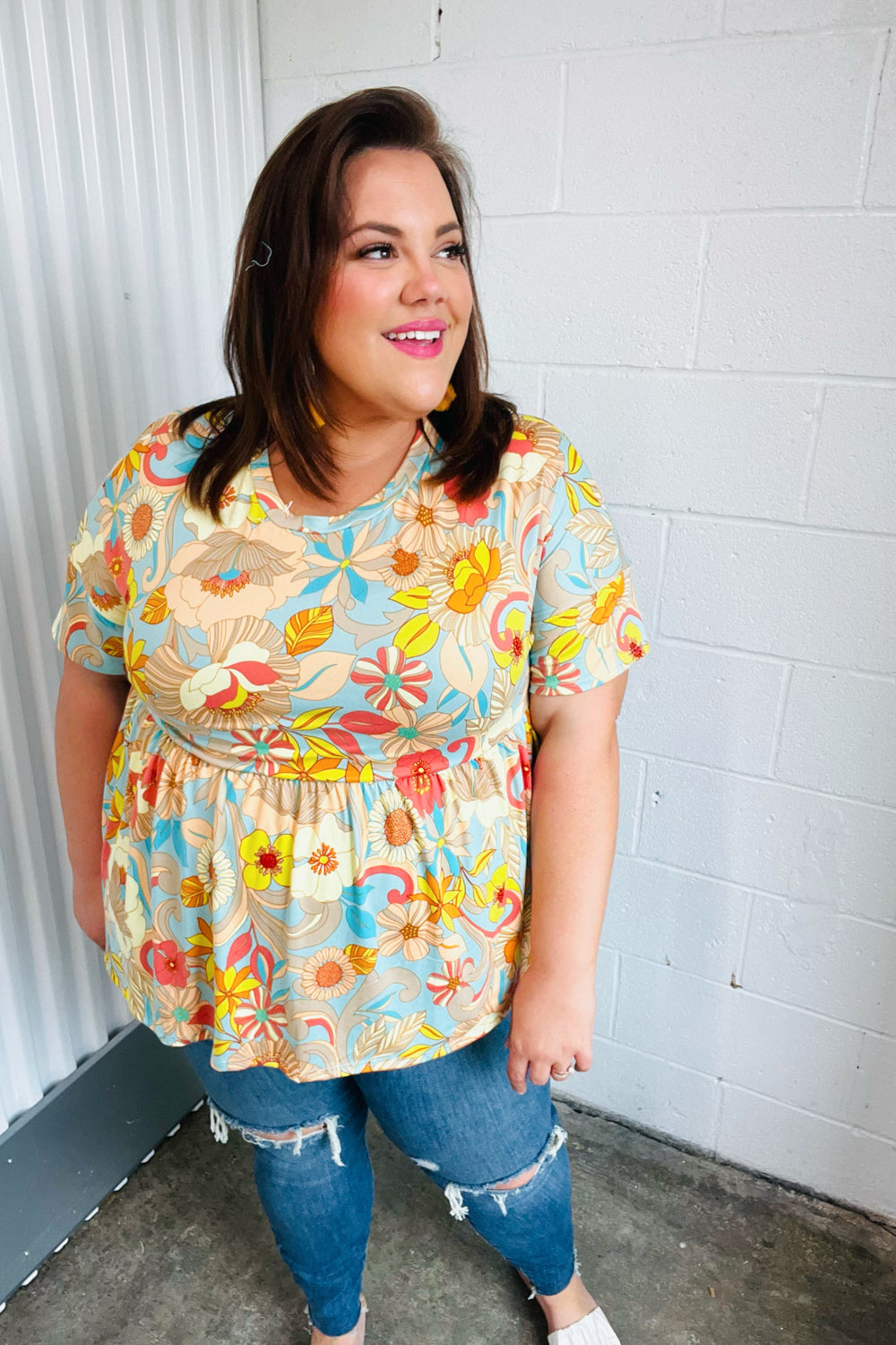 Peach & Aqua Floral Babydoll Top