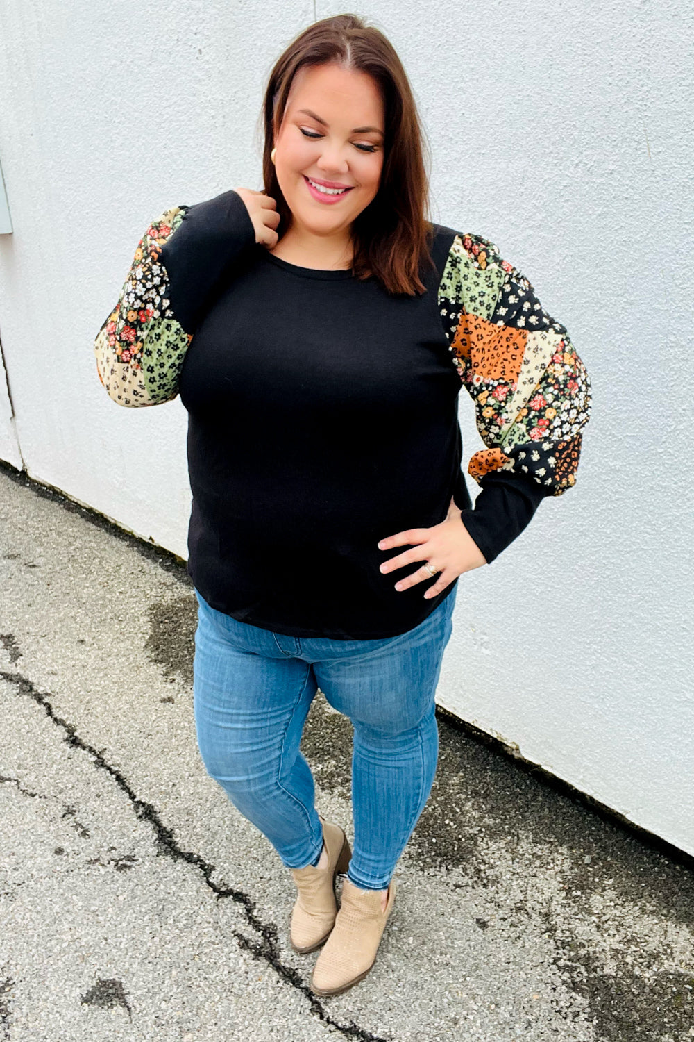 Black Floral & Animal Print Bubble Sleeve Hacci Top