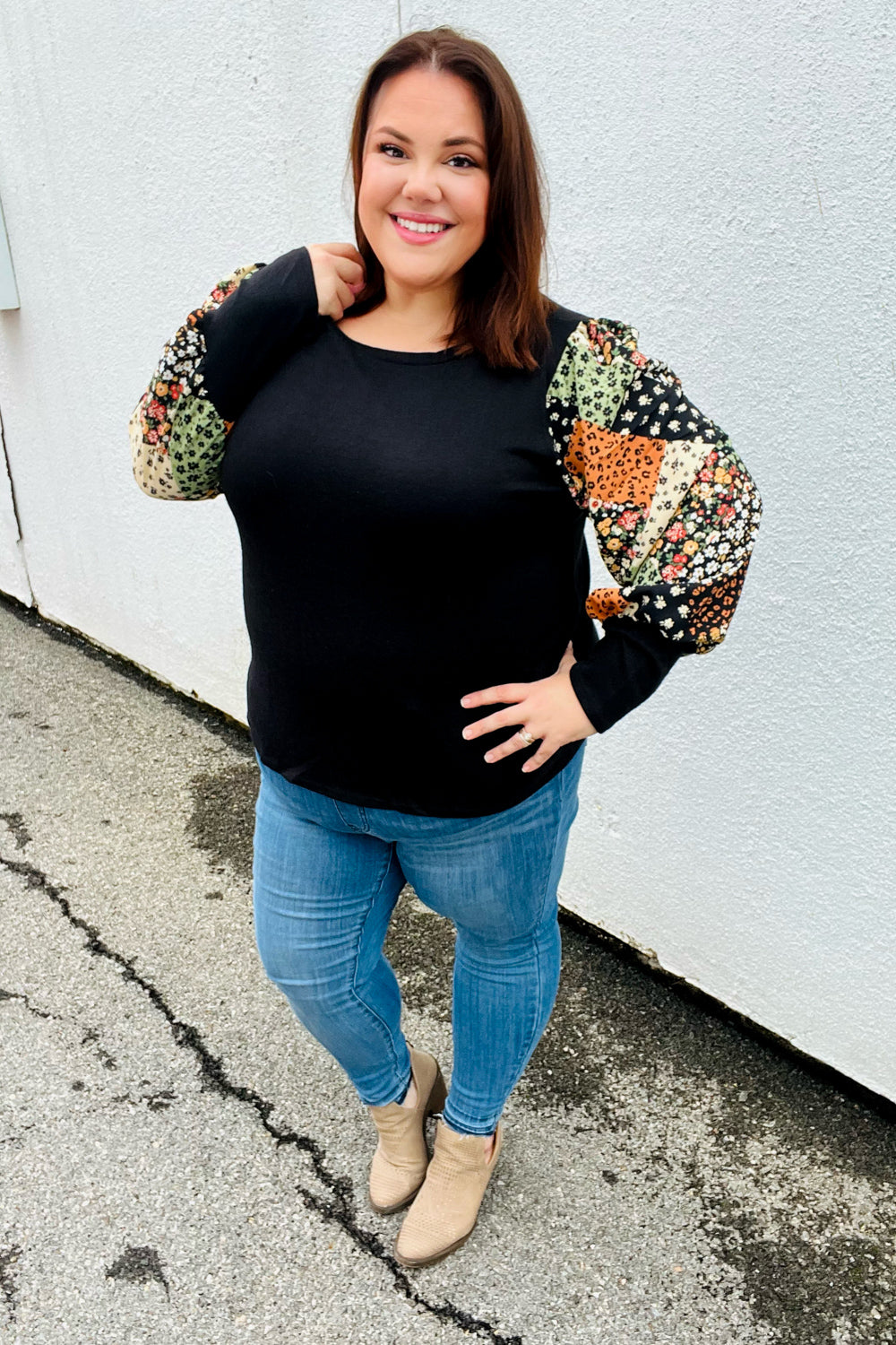 Black Floral & Animal Print Bubble Sleeve Hacci Top
