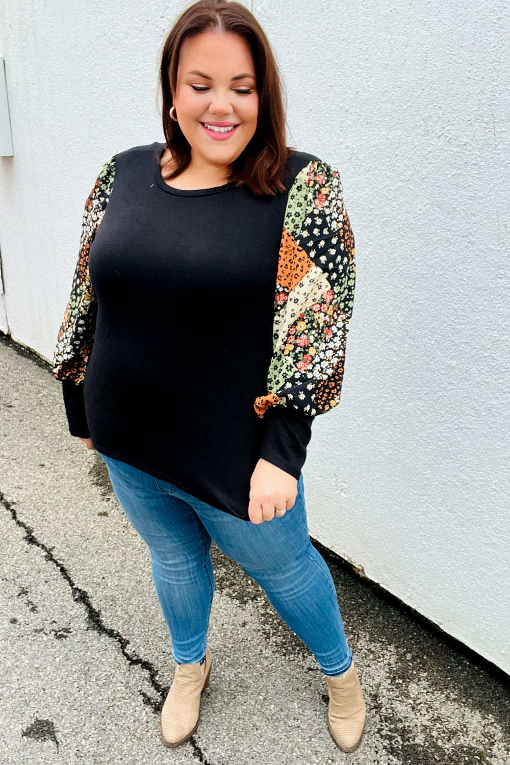 Black Floral & Animal Print Bubble Sleeve Hacci Top