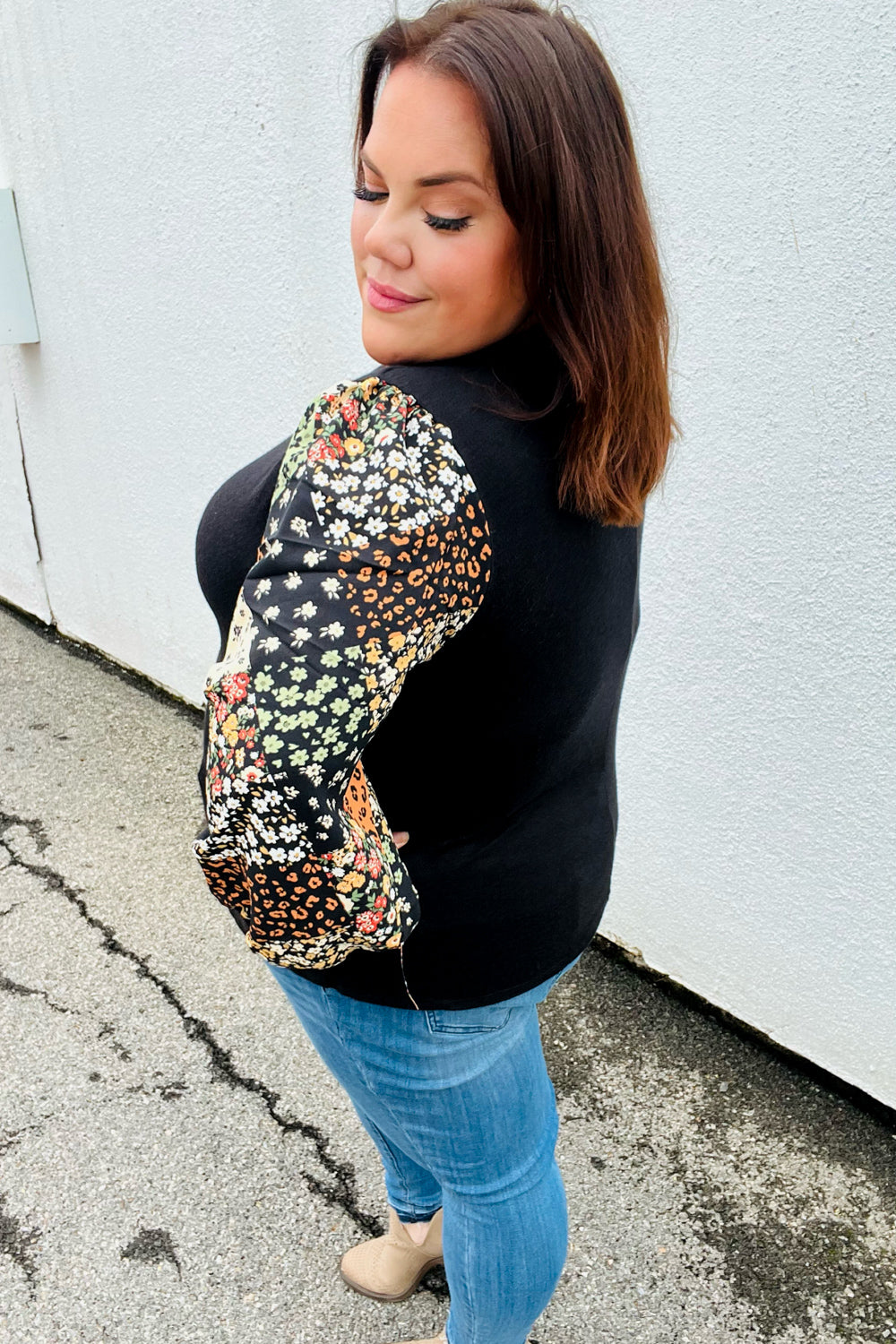Black Floral & Animal Print Bubble Sleeve Hacci Top