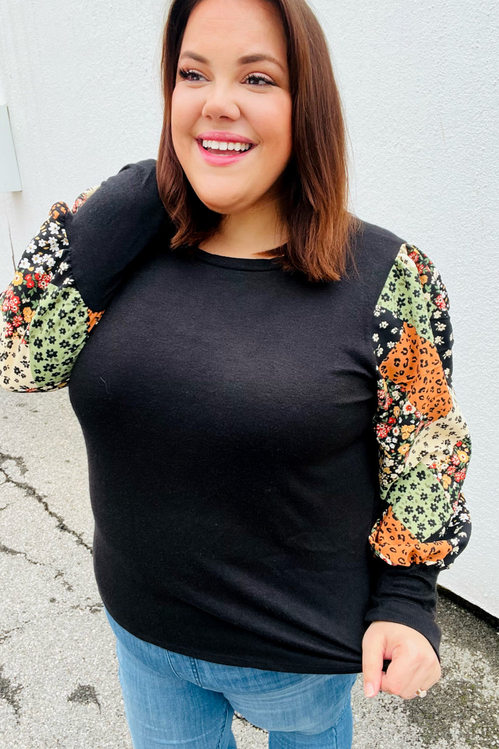 Black Floral & Animal Print Bubble Sleeve Hacci Top