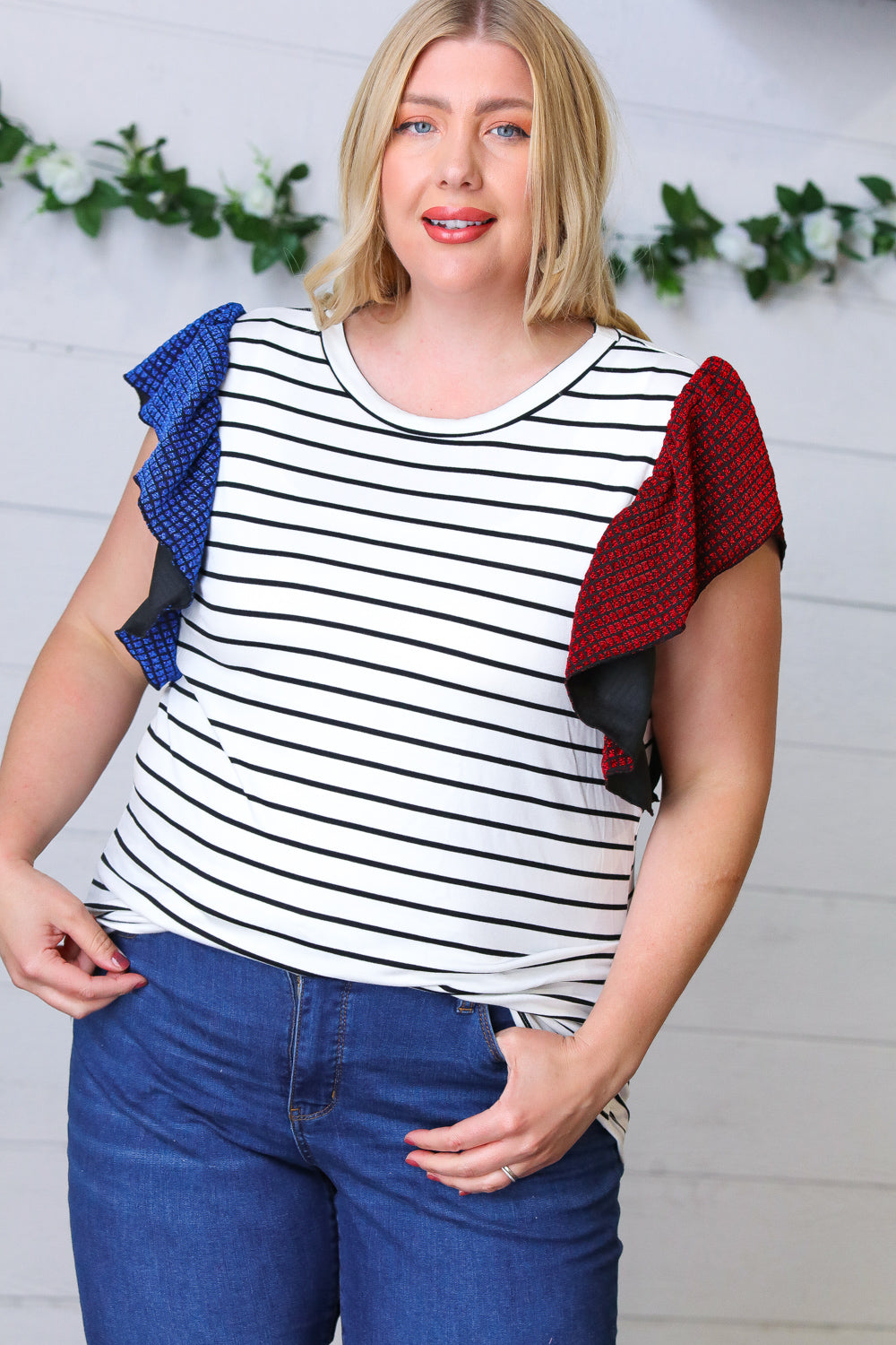 Red & Blue Flutter Sleeve Striped Top