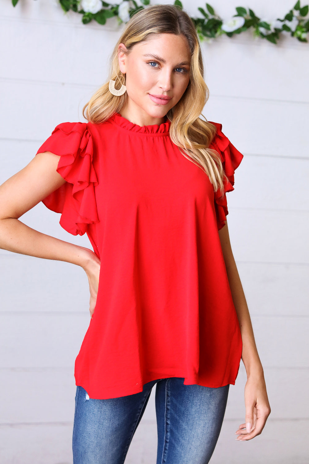 Red Mock Neck Double Flutter Sleeve Woven Top