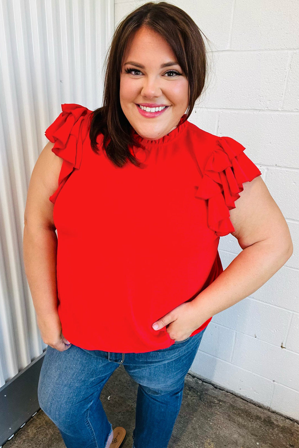 Red Mock Neck Double Flutter Sleeve Woven Top