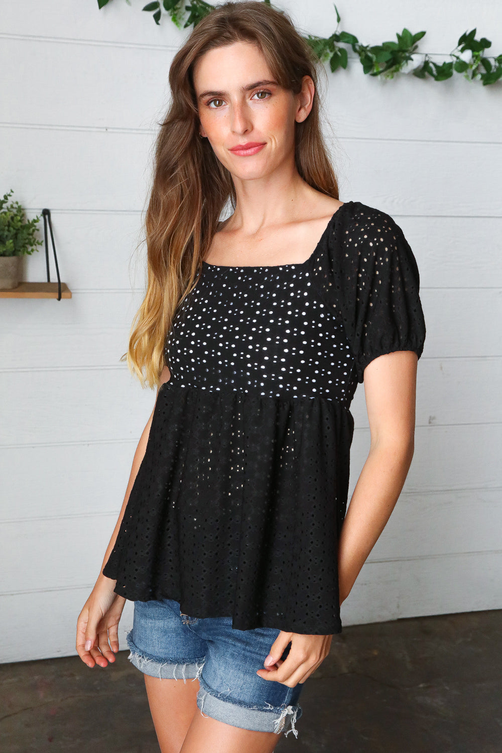 Black Eyelet Puff Sleeve Babydoll Top