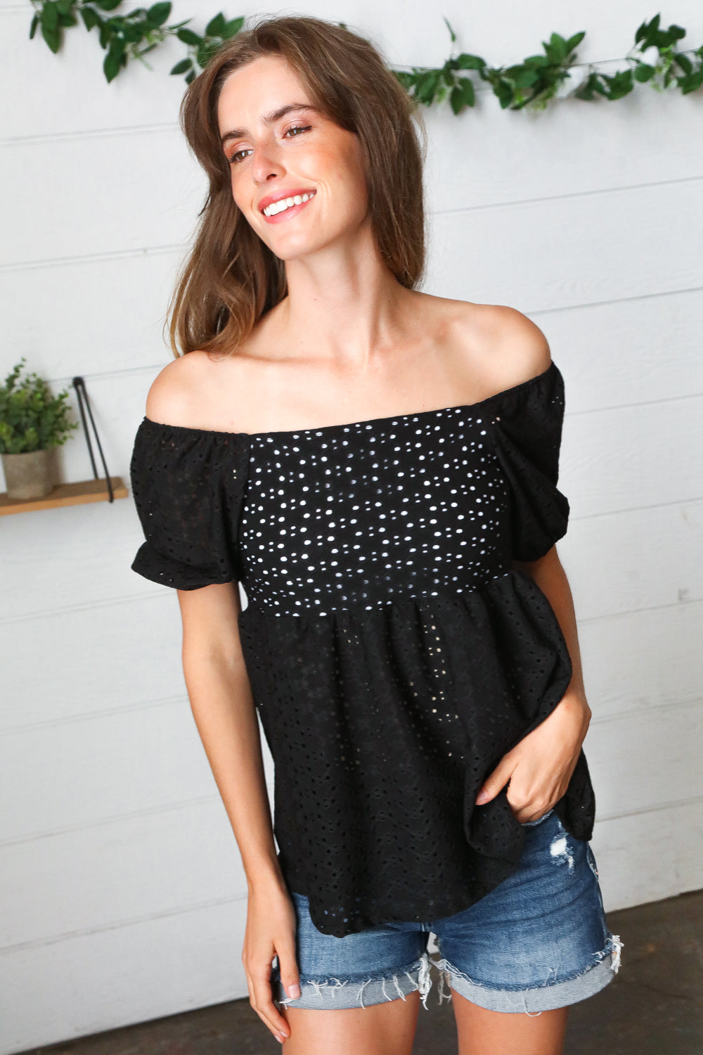 Black Eyelet Puff Sleeve Babydoll Top