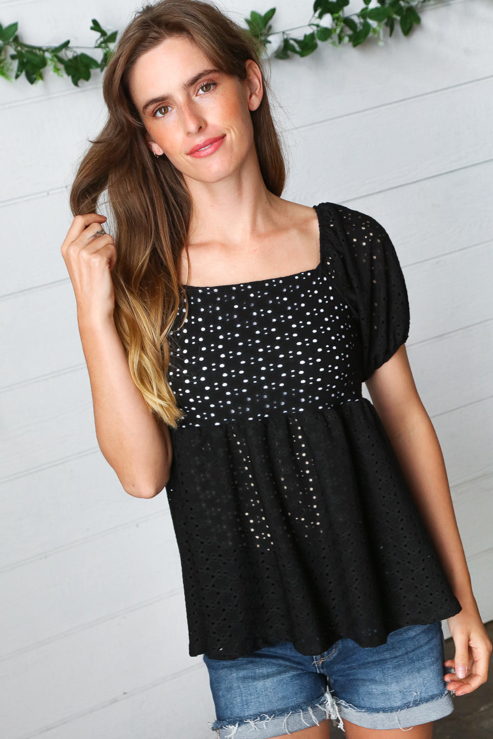 Black Eyelet Puff Sleeve Babydoll Top