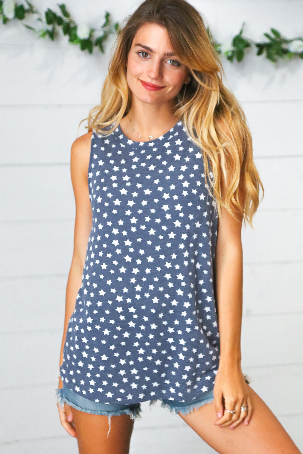 Dusty Blue Star Print Sleeveless Tank Top