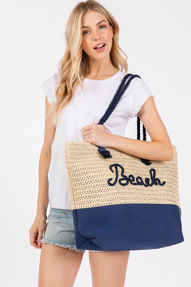 BEACH Letter Color Sewn Rope and Crochet Strap Bag
