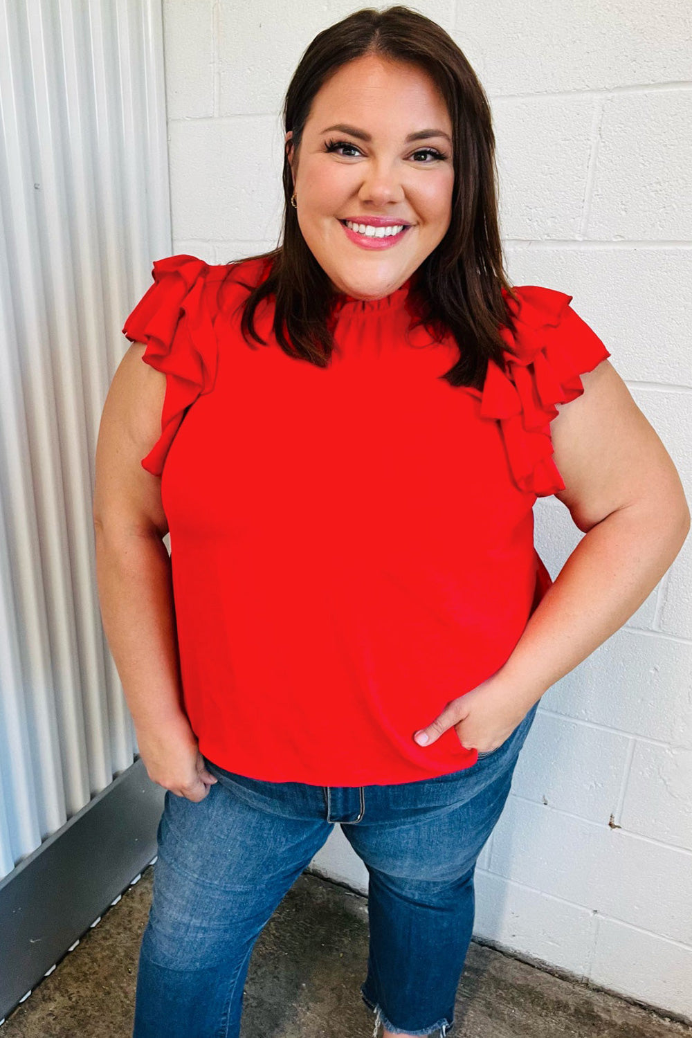 Red Mock Neck Double Flutter Sleeve Woven Top