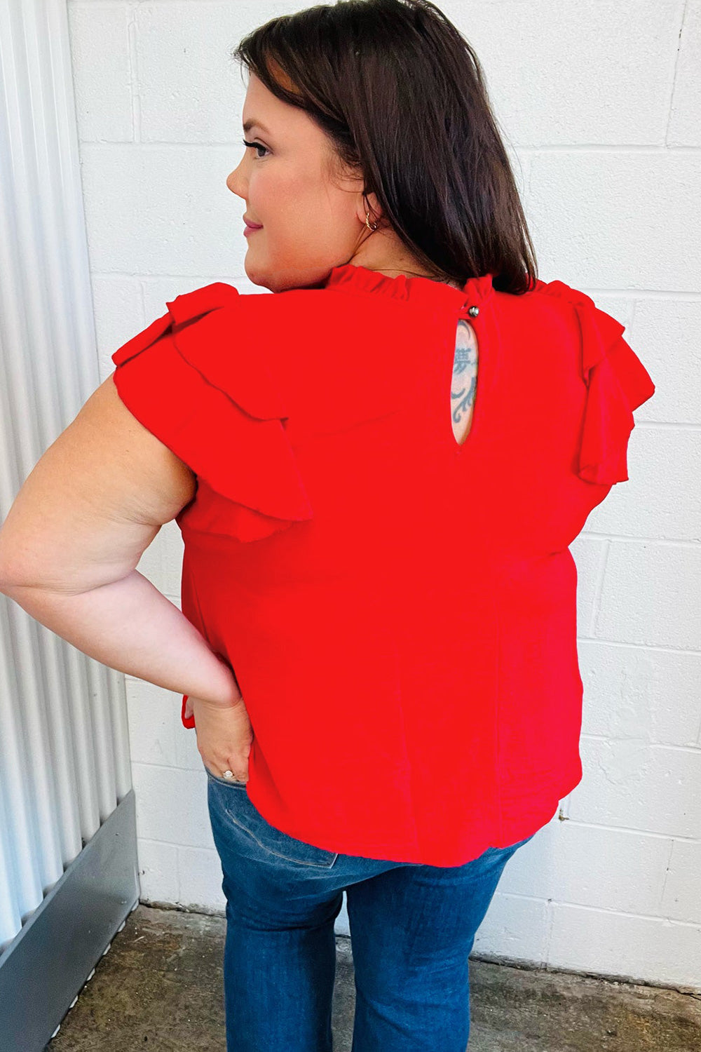 Red Mock Neck Double Flutter Sleeve Woven Top