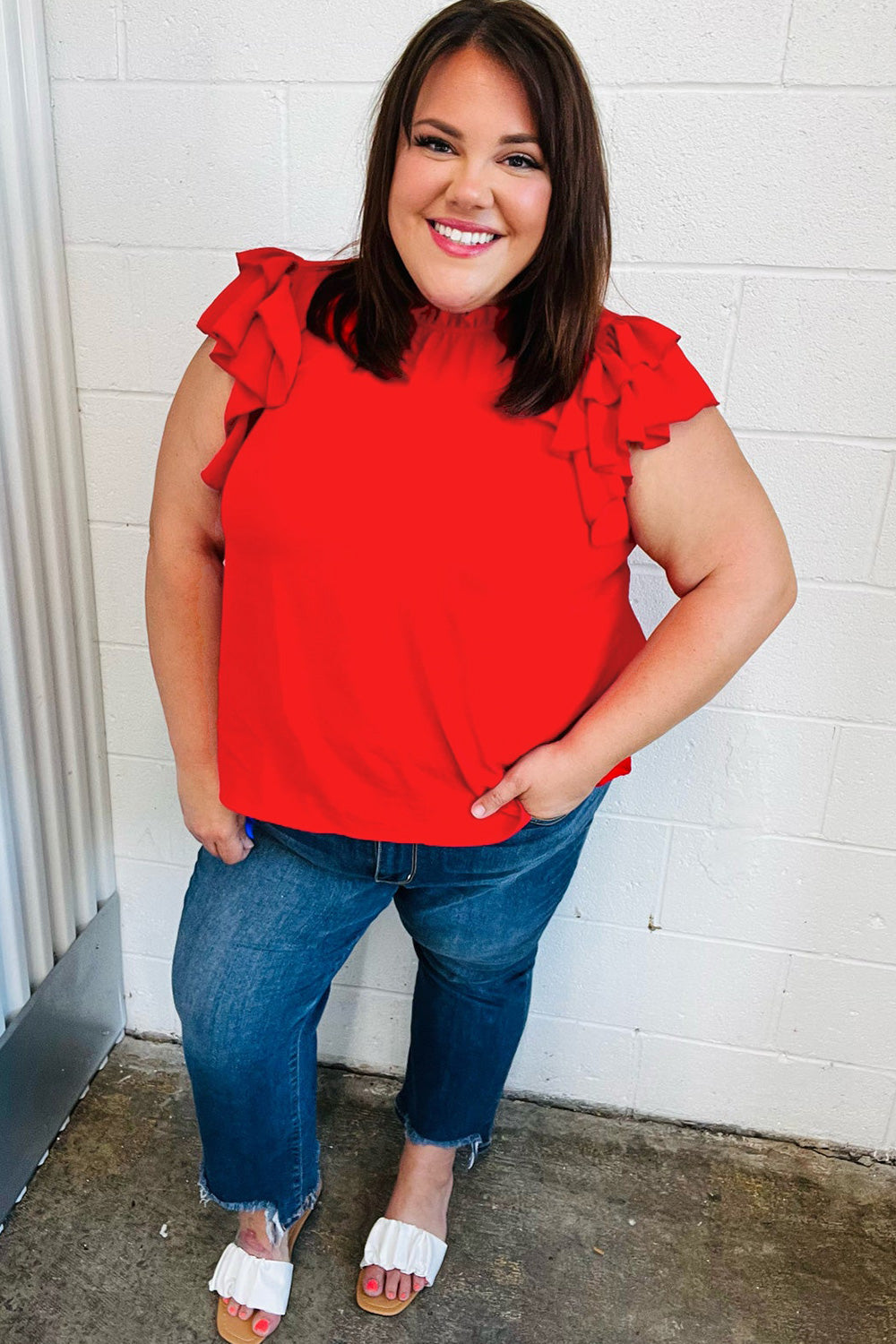 Red Mock Neck Double Flutter Sleeve Woven Top