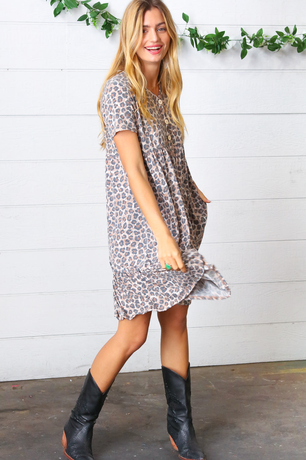 Taupe Leopard Button Down Babydoll Dress